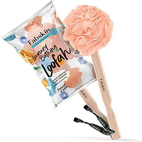 Fabskin Luxury Back Bathing Loofah With Wooden Handle For Men And Women | Pack Of 1 | Loofah For Back Bathing With Handle | Back Bathing Loofah Brush | Back Scrubber For Bathing (Peach)