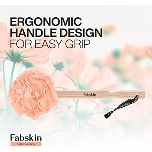 Fabskin Luxury Back Bathing Loofah With Wooden Handle For Men And Women | Pack Of 1 | Loofah For Back Bathing With Handle | Back Bathing Loofah Brush | Back Scrubber For Bathing (Peach)