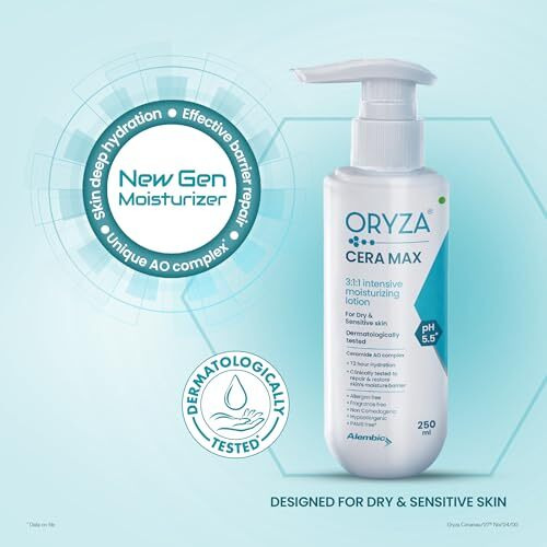 Oryza Ceramax Intensive Moisturizing Lotion 250 Ml | For Dry & Sensitive Skin | Non-Comedogenic & Paraben Free | With 5 Ceramide & Hyaluronic Acid | 72 Hours Long Hydration Pack Of 1 - By Alembic Pharma