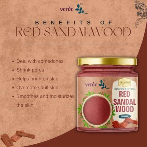 Verdc - 100% Pure & Natural Red Sandalwood Face Pack Powder | Lal Chandan | Raktha Chandanam | Premium Forest Grade | For Skin Brightening, Acne, Blemish, Dark Spots | Puja Ritual - 75 Gm