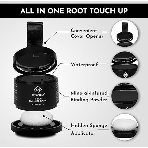 Stylemake Enrich Hairline Powder For Women & Men | Root Touch Up For Grey Hair | Toppers | Cover-Up Powder | Instantly Covers Loss, Patches, And Grey On Beard (Black, 4 G)