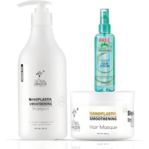 Global Amazon Secrets Nanoplastia Hair Smoothening Shampoo And Hair Masque, 500Ml Each, With Crystal Care Serum 100Ml Btx Infusion With Fenugreek And Biokeratin