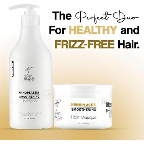 Global Amazon Secrets Nanoplastia Hair Smoothening Shampoo And Hair Masque, 500Ml Each, With Crystal Care Serum 100Ml Btx Infusion With Fenugreek And Biokeratin