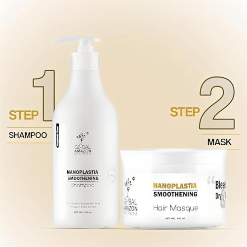 Global Amazon Secrets Nanoplastia Hair Smoothening Shampoo And Hair Masque, 500Ml Each, With Crystal Care Serum 100Ml Btx Infusion With Fenugreek And Biokeratin