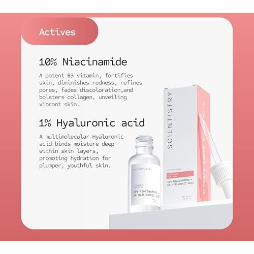Scientistry Niacinamide Face Serum With 10% Niacinamide & 1% Hyaluronic Acid | For Dark Spots, Hyperpigmentation, Hydration, Acne & Enlarged Pores | For Men & Women | All Skin Types | 30 Ml