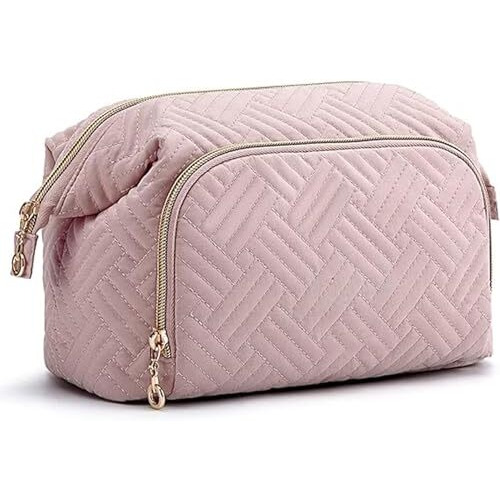Lyrovo Polyester Travel Makeup Bag Cosmetic Bag Make Up Organizer Case Large Wide-Open Pouch For Women Purse For Toiletries Accessories Brushes (Baby Pink)