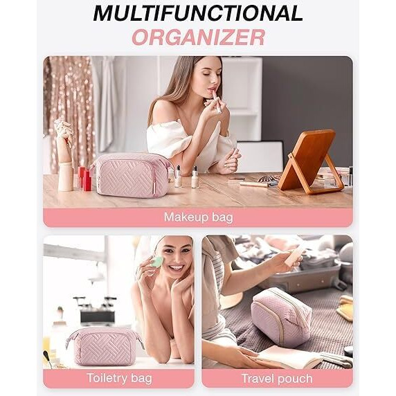 Lyrovo Polyester Travel Makeup Bag Cosmetic Bag Make Up Organizer Case Large Wide-Open Pouch For Women Purse For Toiletries Accessories Brushes (Baby Pink)
