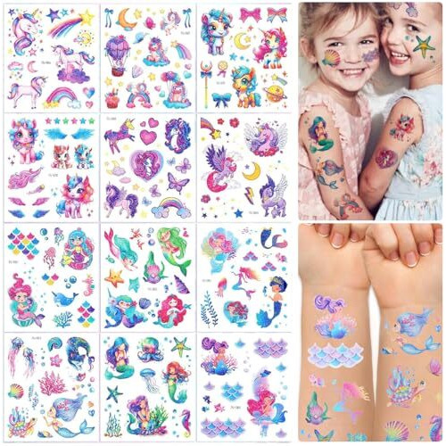 Maycreate 12 Sheet Glitter Temporary Tattoo Stickers For Girls Mix Cartoon Mermaid Unicorn Tattoo Stickers Waterproof Face Makeup Stickers Temporary Tattoo Stickers For Party