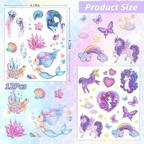 Maycreate 12 Sheet Glitter Temporary Tattoo Stickers For Girls Mix Cartoon Mermaid Unicorn Tattoo Stickers Waterproof Face Makeup Stickers Temporary Tattoo Stickers For Party