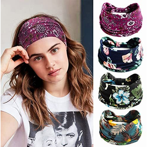 Proberos Wide Headbands For Women, Boho Bandeau Head Bands, Workout Head Wraps, Stretch No Slip Hair Wraps Pack Of 4 (Flower)