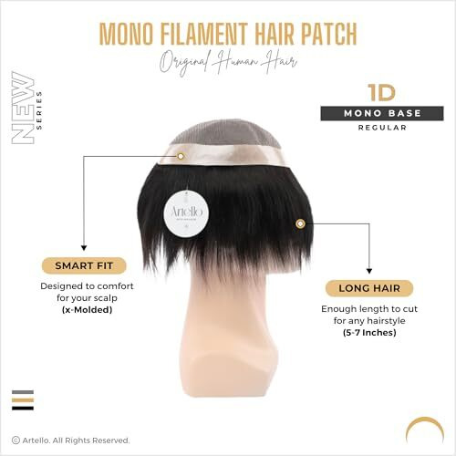 Artello Monofilament Smart Hair Patch For Men, Soft Hair Wig In 100% Natural Human Hair, Easy Fit With Tape, Glue Or Clips, 1D Mono Base (Colour Indian Black) (8X6)