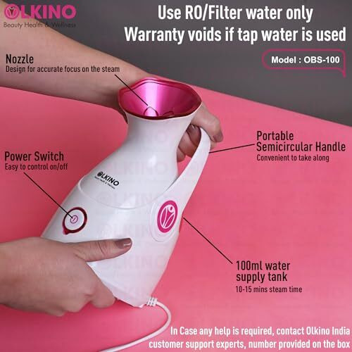 Olkino Steamer For Cold And Cough,Vaporizer Steamer For Face Steam,Steam Inhaler & Vaporizer Machine With Nano-Ionic Technology,Uv Steam Sterilization & 1 Year Warranty (Use Only Ro/Filter Water)-Pink