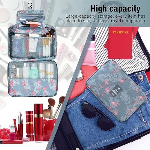 Ts With Techsun Cosmetic Hanging Toiletry Bag For Men Women Travel Organizer Accessory Waterproof Nylon Makeup Shaving Kit Pouch Bag For Men Women (Blue Flamingo), 8.5 Cm