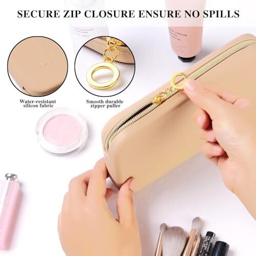 Inovera (Label) Makeup Brush Holder Pouch Case For Travel - Silicone Cosmetic Brushes Kit - Travelling Make Up Organizer Bag (Khaki)