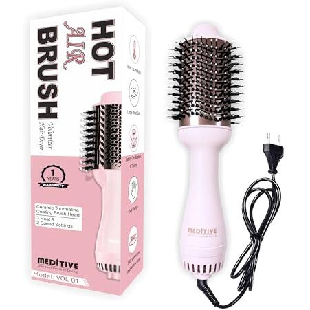 Meditive Hot Air Brush For Hair Styling | Hair Volumizer Blow Dryer Brush, Ceramic Tourmaline Coated, Ionic Technology, 3 Heat & 2 Speed Settings, Lightweight Hair Styler With Overheat Protection & 360 Swivel Cord  Blow Dryer For Hair Volume Hair Volumizer, And Hair Styler In One, 1200 Watts( Pink Colour)