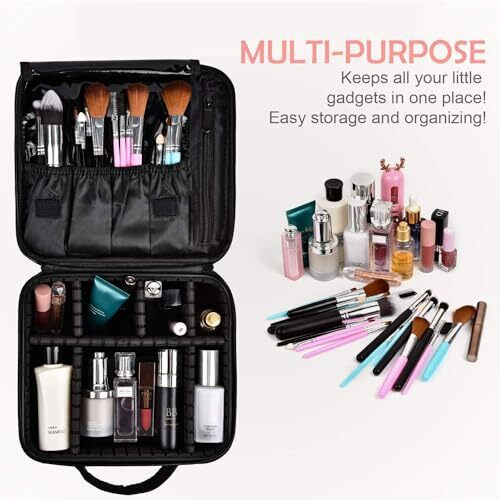 House Of Quirk Makeup Cosmetic Storage Case With Adjustable Compartment - Black(25X22X9Cm)