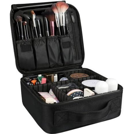 House Of Quirk Makeup Cosmetic Storage Case With Adjustable Compartment - Black(25X22X9Cm)
