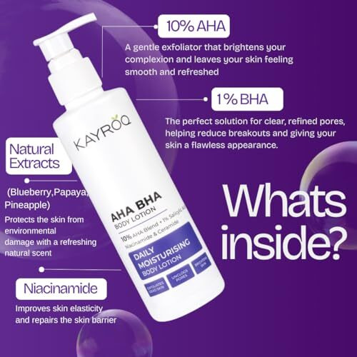 Kayroq Aha Bha Body Lotion, 10% Aha + 1% Salicylic Acid, Daily Moisturising With Niacinamide & Ceramide