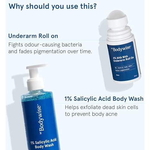 Be Bodywise 1% Salicylic Acid Body Wash (250Ml) & Underarm Roll On (50Ml) | 2% Lactic Acid, 1% Mandelic Acid | Prevents Body Acne, Odour & Pigmentation | Suitable For Sensitive Skin