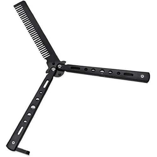 Street27 Butterfly Comb Stainless Steel Folding Training Practice Comb Hair Styling Tools Balisong Comb Metal Comb For Professional Hair Salon Training Exercises & Beginner (Black)