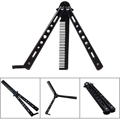 Street27 Butterfly Comb Stainless Steel Folding Training Practice Comb Hair Styling Tools Balisong Comb Metal Comb For Professional Hair Salon Training Exercises & Beginner (Black)