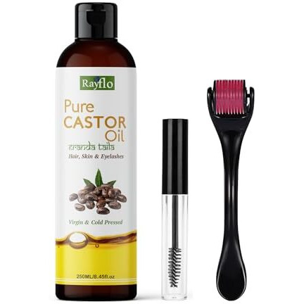 Rayflo Cold Pressed Castor Oil With Derma Roller And Mascara Tube -100% Organic- For Hair Growth | Skin | Nails | Eyelash And Eyebrow. (250 Ml)