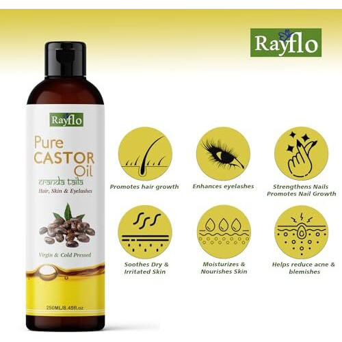 Rayflo Cold Pressed Castor Oil With Derma Roller And Mascara Tube -100% Organic- For Hair Growth | Skin | Nails | Eyelash And Eyebrow. (250 Ml)