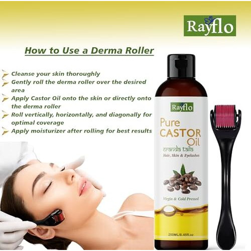 Rayflo Cold Pressed Castor Oil With Derma Roller And Mascara Tube -100% Organic- For Hair Growth | Skin | Nails | Eyelash And Eyebrow. (250 Ml)