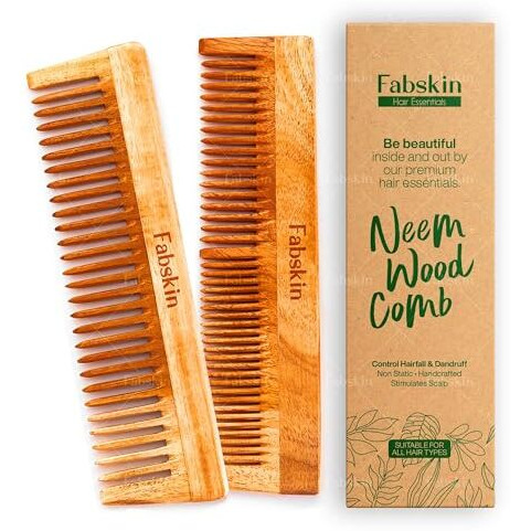 Fabskin Neem Wooden Comb For Men & Women | Set Of 2 | Detangling, Hair Growth, Frizz Control & Shine | Graduated & Wide Tooth Comb | For All Hair Types