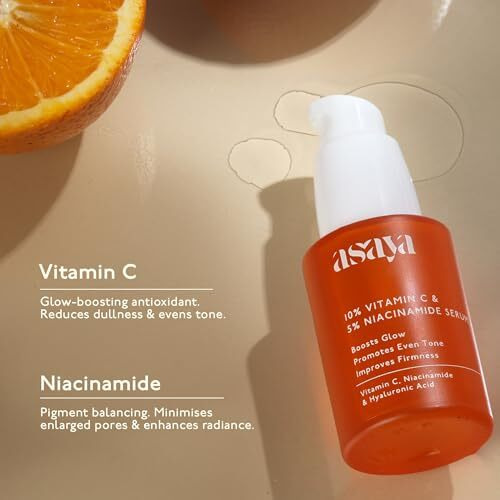 Asaya 10% Vitamin C Face Serum For Brightening & Glowing Skin | With 5% Niacinamide & Hyaluronic Acid | Dark Spot Correcting & Barrier Support | For Skin Radiance | Non Irritating & Non Sticky | Brightening Serum For Dull Skin | Reduces Dark Spots | Treats Pigmentation | Beginner Friendly | For Men & Women | Oily, Dry & Sensitive Skin | 30 Ml