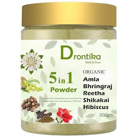 100% Organic 5 In 1 Amla, Reetha, Bhringraj, Shikakai & Hibiscus Powder Combo For Hair Growth & Hair Mask 300Gm. Count1 By Drontika Wild & Pure