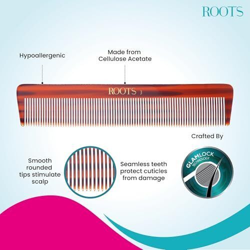 Roots - Classic Brown Fine Tooth Comb - Hair Comb For Men And Women - Style Your Hair Hassle-Free - Light Weight For Healthy & Stylish Hair - Pack Of 1- Model No.3