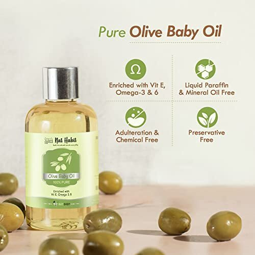 Nat Habit 100% Pure Olive Baby Oil For Baby Skin & Hair, Enriched With Vit E & Omega-3, 6 Non-Refined, Llp Free, Chemical & Preservative Free - 100 Ml