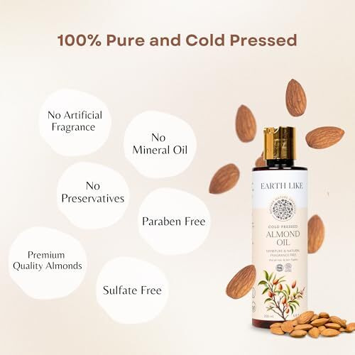 Earth Like Cold Pressed Almond Oil - 200Ml, Pure, Paraben-Free, Sulfate-Free, Nourishes Hair, Skin & Under-Eyes, Ideal For Moisturizing, Facial Cleansing & Hydratio