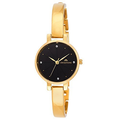 Swisstone Analog Stainless Steel Gold Plated Women's Watch (Black Dial Gold Colored Strap)