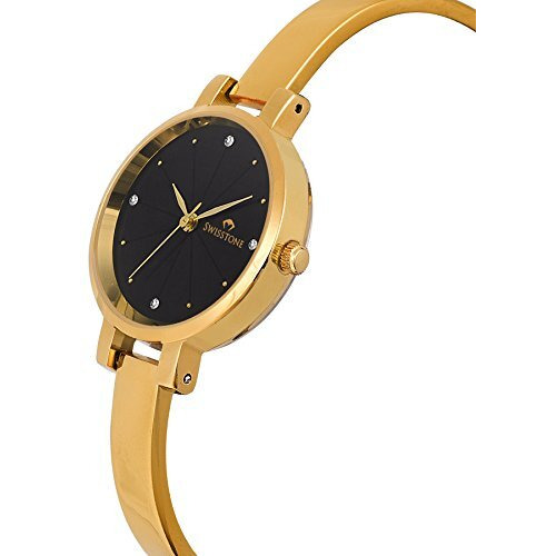 Swisstone Analog Stainless Steel Gold Plated Women's Watch (Black Dial Gold Colored Strap)