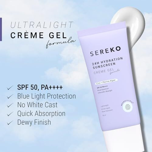 Sereko Sunscreen Spf 50 Pa++++ Creme Gel With Zero White Cast For Women & Men | 24Hrs Hydration, Quick Absorbing & Non Greasy | Uva+Uvb & Blue Light Protection | Suitable To All Skin Type