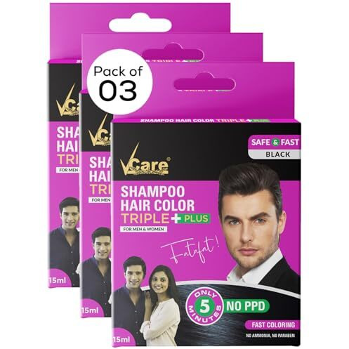 Vcare Shampoo Hair Color - 15Ml Black Color And Deeply Nourishes Your Hair| 5 Minutes Hair Color |Enriched With Growth Factors & Antioxidants, Ammonia Free, Sulphate Free (Pack Of 3)