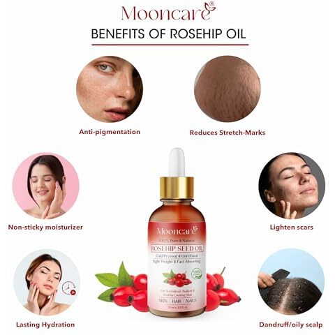 Mooncare Organic Rosehip Seed Oil For Face & Skin, 100% Pure Cold Pressed Unrefined Natural Rose Hip Oil For Anti-Aging, Acne Scar, Stretch Mark, Skin, Hair & Nails Care, Gua Sha Massage(30Ml)