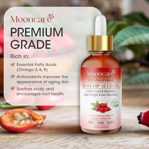 Mooncare Organic Rosehip Seed Oil For Face & Skin, 100% Pure Cold Pressed Unrefined Natural Rose Hip Oil For Anti-Aging, Acne Scar, Stretch Mark, Skin, Hair & Nails Care, Gua Sha Massage(30Ml)
