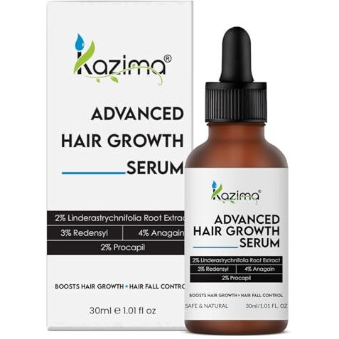 Kazima Advanced Hair Growth Serum | 2% Lindera Strychnifolia + 3% Redensyl + 4% Anagain & 2% Procapil | Reduces Hairfall, Boosts Hair Growth, Improves Hair Density | Hair Serum For Men & Women | 30 Ml