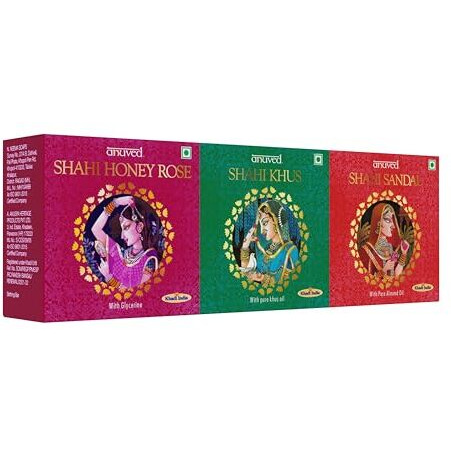 Anuved Shahi Range Of Shahi Rose, Shahi Khus & Shahi Sandal Soaps | Pack Of 3 |125 Grams Each | For Royal Luxurious Bath Experience | Paraben Free, Cruelty Free