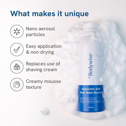 Be Bodywise Hyaluronic Acid Body Wash Mousse | Gives Intense Moisturisation, Repairs Skin Barrier | With Sunflower Oil, Vitamin E & Aloe Extract | 200G