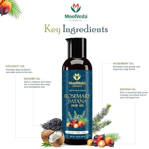 Moolveda Pure Rosemary Batana Oil For Hair Growth By Dr Sebi Sourced From Honduras | Promotes Thicker, Shiny, Stronger & Healthy Hair | Hair Fall Control | (100 Ml)