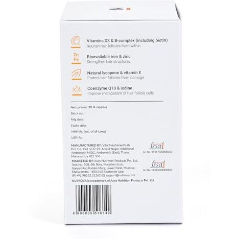 Nutrova Kerastrength For Unisex (60 Capsules-Pack Of 2) With Biotin-Prevents Hair-Fall,Builds,Strengthens & Grows Hair With Vitamins A,C,D3,B-Complex,Lycopene Inhibits Hair-Fall Hormone Dht.,100 Grams