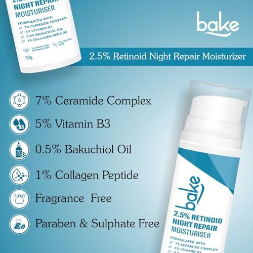 Bake Retinol Night Cream With 2.5% Retinoid & Bakuchiol Oil For Anti Ageing, Fine Lines & Wrinkles | Retinol Night Repair Moisturizer | Lightweight, Non Sticky & Fragrance Free | All Skin Types | 30G