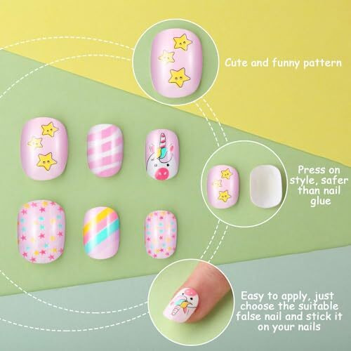 Cozmax Girl's Press On Nails Children Acrylic Fake Nails, Lovely Press On French For Girl's Christmas Gift Nail Design Decoration, Lightweight,Long Lasting, Easy To Use -Multi (Pack Of 72Pcs, Medium)
