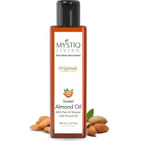 Mystiq Living Sweet Almond Oil For Face, Hair, Baby Massage, Glowing Skin (Badam Rogan) - 100 Ml | Cold Pressed, 100% Pure & Natural