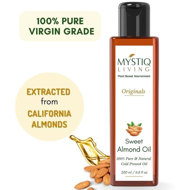 Mystiq Living Sweet Almond Oil For Face, Hair, Baby Massage, Glowing Skin (Badam Rogan) - 100 Ml | Cold Pressed, 100% Pure & Natural