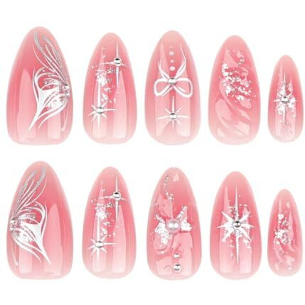 Nakhi 24 Reusable Artificial Fake Nail Set |Base Pink Peach Colour With Bow Design Glossy Nails | Lightweight & Long Lasting| Quick Fix For Festivals & Special Occasions